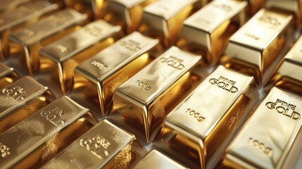 Poster - Many gold bars. top view. Generative AI.