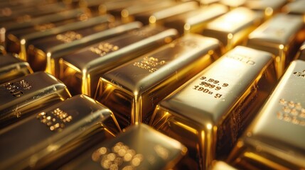 Poster - Many gold bars. top view. Generative AI.