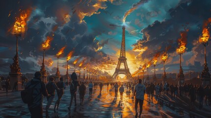 Paris olympics games France 2024 ceremony running sports Eiffel tower torch artwork painting commencement hyper realistic 