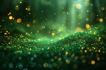 Poster - This abstract image features a shimmering bokeh effect in green and gold, evoking feelings of celebration and enchantment