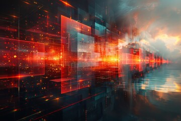 Poster - This image depicts a digital cityscape with abstract structures and a striking red and blue color palette, suggesting high-tech and art