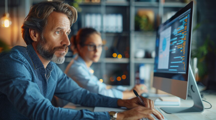 Poster - Two professionals at modern desk, intensely focused on a computer screen. The screen displays a split view, one half shows a creative content writing process with highlighted keyword. Generative AI.