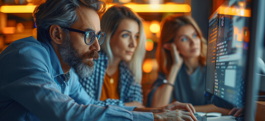 Poster - Two professionals at modern desk, intensely focused on a computer screen. The screen displays a split view, one half shows a creative content writing process with highlighted keyword. Generative AI.