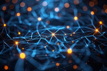 Poster - Intricate network of blue lines and dots creating glowing connections representing connectivity and technology on a black backdrop