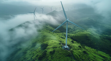 Poster - Wind turbines in a wind farm, majestic and tall, with rotating blades. Overcast sky casting soft light, green fields below. Generative AI.