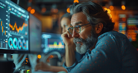 Poster - In a busy office setting, professionals analyze financial data with graphs and statistics. Generative AI.