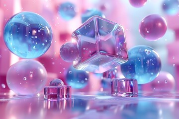 Poster - A serene composition of reflective cubic and spherical shapes in a soft, pastel-colored dreamy space