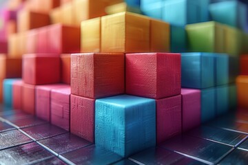 Poster - A visually striking image featuring multicolored 3D cubes neatly stacked in an orderly grid creating a sense of structure and vibrancy