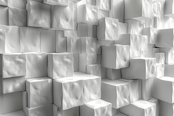 Poster - Image depicts an organized stack of white 3D cubes, forming a solid wall-like structure with a play of shadows and textures