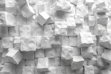 Poster - An artistic composition of white 3D cubes amassed in an irregular pattern, creating depth and a sense of randomness