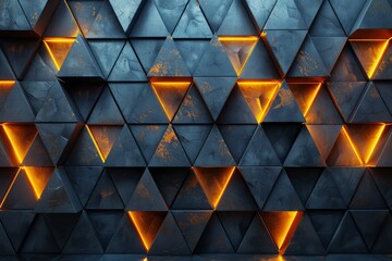 Poster - A captivating image of dark 3D triangles with striking orange illuminated edges, creating a mysterious and futuristic atmosphere