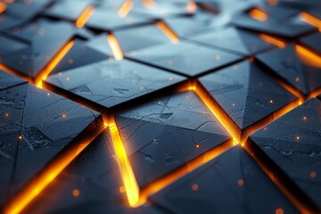 Poster - This image features a 3D pattern of triangular shapes with a glowing orange light against a textured dark background