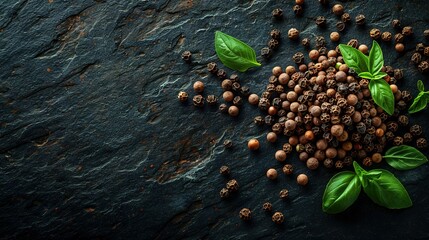 Wall Mural -   A pile of nuts with green leaves on top sits on a black surface