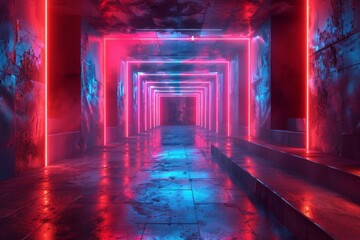 Poster - A sci-fi inspired corridor with radiant neon lights creating a strong sense of depth and futuristic aesthetic