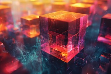 Poster - Abstract representation of a glowing cube in a surreal digital landscape with a focus on depth and perspective