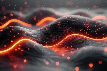 Poster - Digital abstract image featuring wavy lines with a combination of red and black colors, suggesting technology or data flow