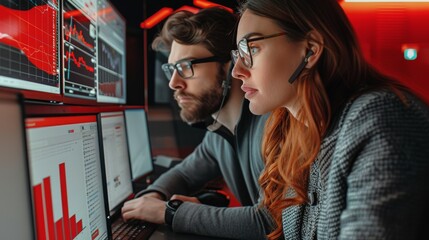 Poster - Two people in investment office working, the theme red and gray and black. Generative AI.