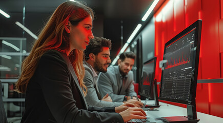 Fototapete - Two people in investment office working, the theme red and gray and black. Generative AI.