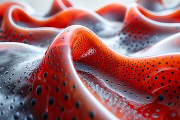 Poster - Vibrant red texture with black details and a multitude of small perforations, rendered in 3D