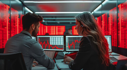 Poster - Two people in investment office working, the theme red and gray and black. Generative AI.