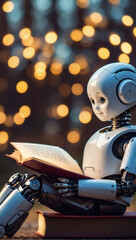 Robotic Reader, Cute Android Kid Engrossed in a Book, Cartoon-style AI Artwork