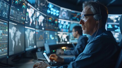 Poster - Team of professionals in a sophisticated monitoring control room, intensely focusing on multiple screens displaying various data. The room is equipped with advanced technological tool. Generative AI.