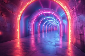 Poster - This vibrant image captures a neon-lit tunnel with a futuristic feel, drawing the eye to the vanishing point