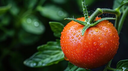 Wall Mural -   A close-up of a juicy tomato on a healthy plant, with droplets of dew on the ripe fruit and lush leaves