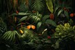 Lush illustration of a vibrant jungle with various insects amidst the foliage