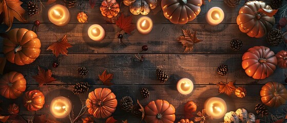 Poster - Rustic wooden table adorned with carved pumpkins illuminated by flickering candles, surrounded by autumn leaves, pinecones, and gourds, creating a cozy and inviting atmosphere for a Halloween gatherin