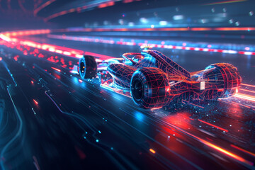 Poster - A futuristic race car is speeding down a track with a bright blue