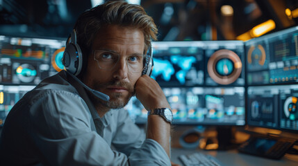 Poster - A professional cybersecurity analyst sitting at a desk in front of a computer. The monitors display data visualizations related to digital asset inventories, risk assessments. Generative AI.