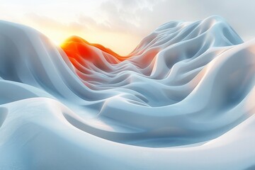 Poster - A calm and serene digital illustration with blue fabric waves and a warm orange glow resembling sunrise