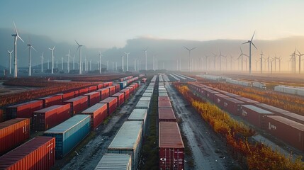 Poster - Many containers with the wind turbine behind them, in the style of electric dreamscape, rectangular field. Generative AI.