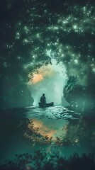 Wall Mural - A man is sitting in a boat on a lake. The sky is dark and the stars are shining brightly