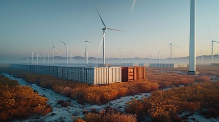 Poster - Many containers with the wind turbine behind them, in the style of electric dreamscape, rectangular field. Generative AI.