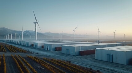 Poster - Many containers with the wind turbine behind them, in the style of electric dreamscape, rectangular field. Generative AI.