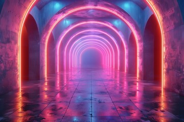 Poster - This image captures a mystical neon tunnel, bathed in red and blue hues, reminiscent of science fiction cinema