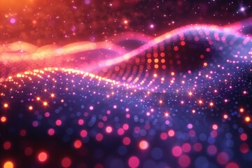Poster - This vibrant image showcases a sea of particles forming undulating waves, imparting a sense of energy and flow, with a bright pink to blue gradient
