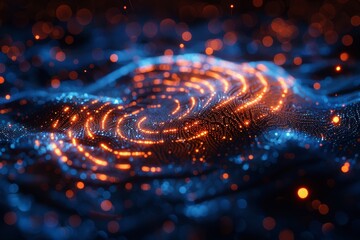 Poster - An artistic representation of a glowing spiral galaxy enhanced with particle effects on a dark blue setting