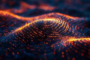Poster - Dynamic wave pattern of glowing orange lines suggesting a digital landscape or data stream on a dark backdrop