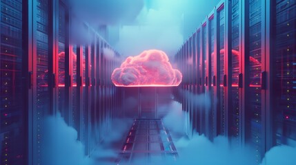Poster - A computer server room with a red cloud in the middle