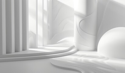 Wall Mural - An artistic rendering of a minimalist white abstract space with flowing shapes and architectural elements