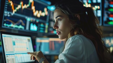 Poster - . Generative AI.Trading woman in office with a laptop in front of stock market monitors, in the style of dark white and light white, secluded settings