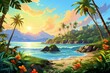 Gorgeous tropical paradise beach at sunset with palm trees, vibrant ocean colors, and stunning coastline scenery, perfect for a tranquil and serene nature-filled vacation getaway