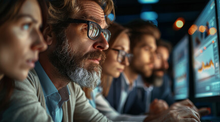 Poster - Group of diverse investors and market analysts gathered around a computer screen, eagerly watching the earnings reports of the mentioned companies. They should be engaged and focused. Generative AI.