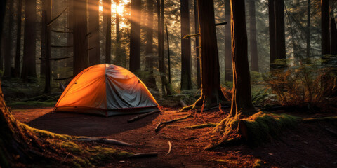 Wall Mural - Camping at Sunset in Woods. Camp Tent in Forest. Summer Vacation. Generative AI