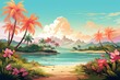 Illustration of a serene tropical beach with palm trees, mountains, and a sunset sky
