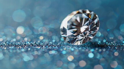 Sticker -   A tight shot of a diamond atop a polished blue backdrop, surrounded by a softly blurred halo of light in the background