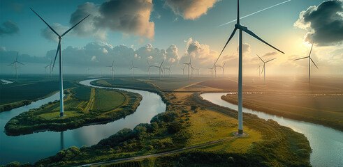 Poster - Landscape with h2 treatment facility, wind turbines, Aerial high view. Generative AI.